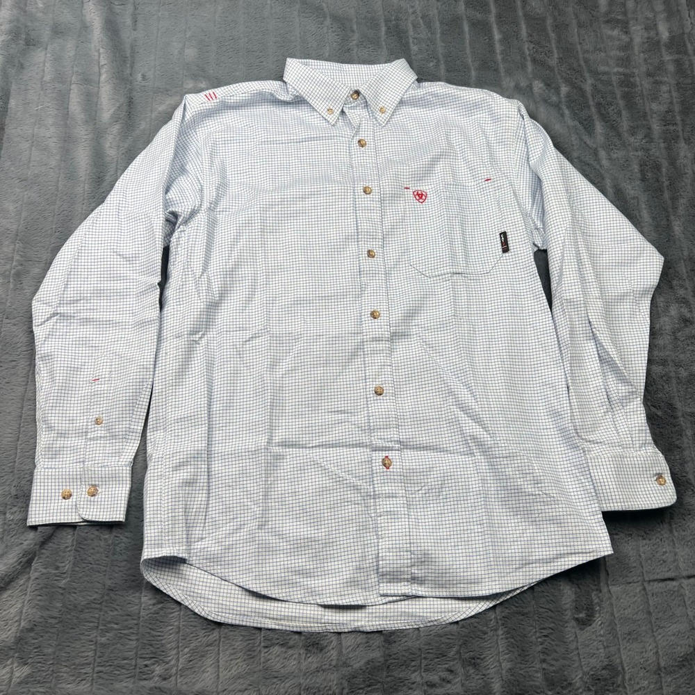 Ariat FR Mens Blue White Check Flame Resistant Work Shirt Medium 1002843